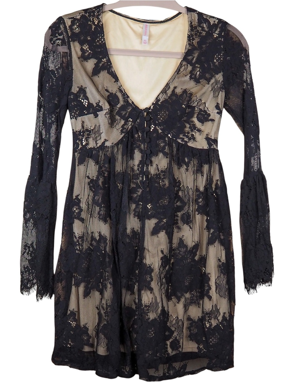 Xhilaration Black Lace Mini Dress Woman Size XS V-neck Wide Flared Sleeve Whimsy